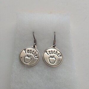 Silver Teacher Apple Drop Earrings Vintage Antique jewelry woman wife lady girls